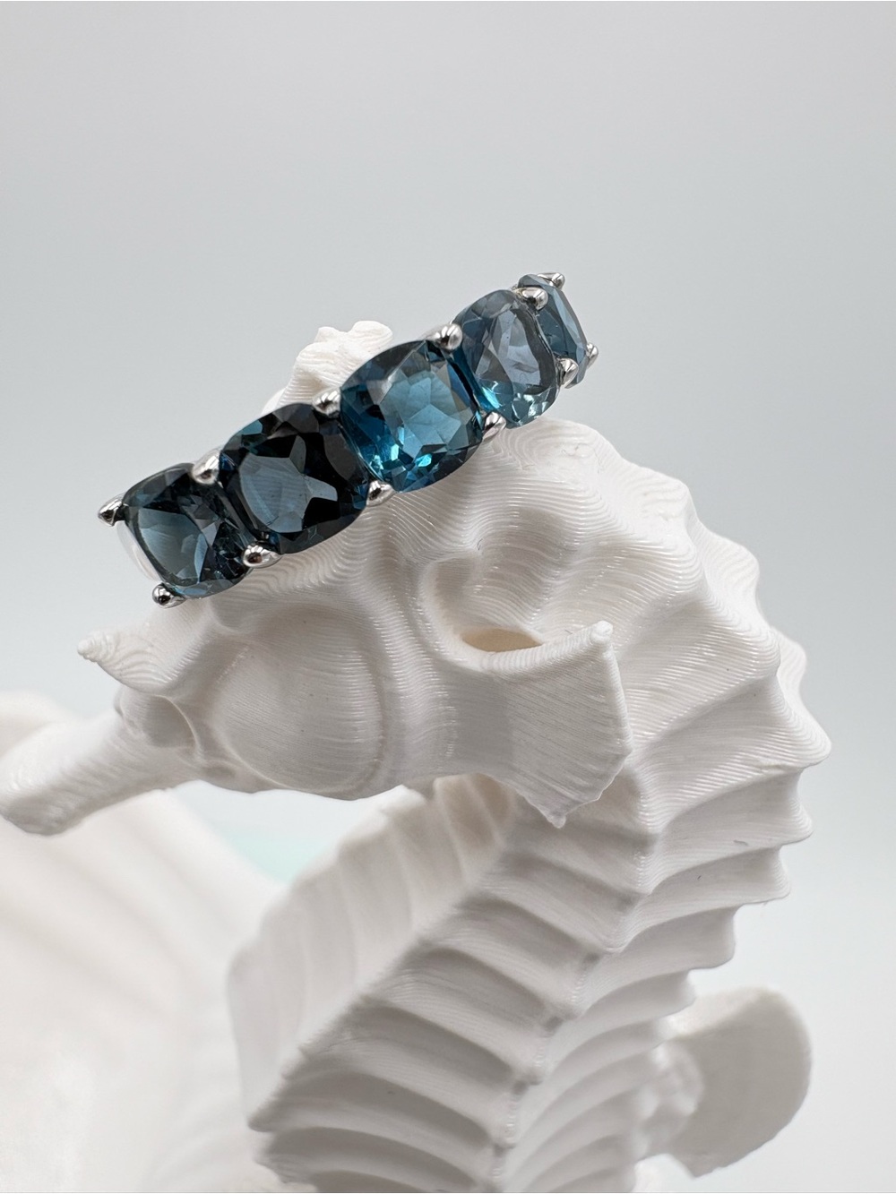 Sterling Silver 3CT Genuine London Blue Topaz Cushion Cut 5-Stone Faceted Ring